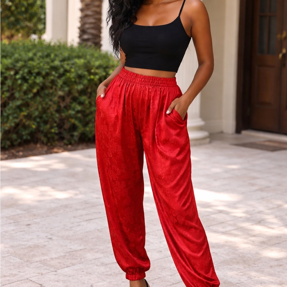 Eloquii Red Elastic-Waist Satin Jogger Pants